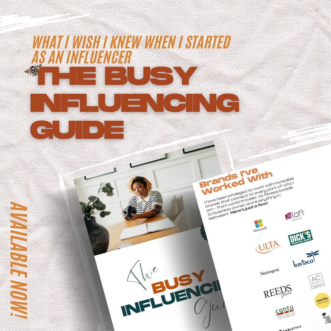 The Busy Influencing Guide is available NOW!

Here&rsquo;s what we cover in this guide:
🐝 tips on getting started
🐝how to find your niche
🐝how to decide where/when to post
🐝the when, how and who for pitching to brands
🐝platforms I&rsquo;ve made 