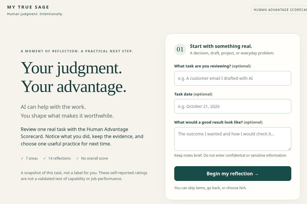 Preview of My True Sage's Human Advantage Scorecard for reflecting on an AI-assisted task.