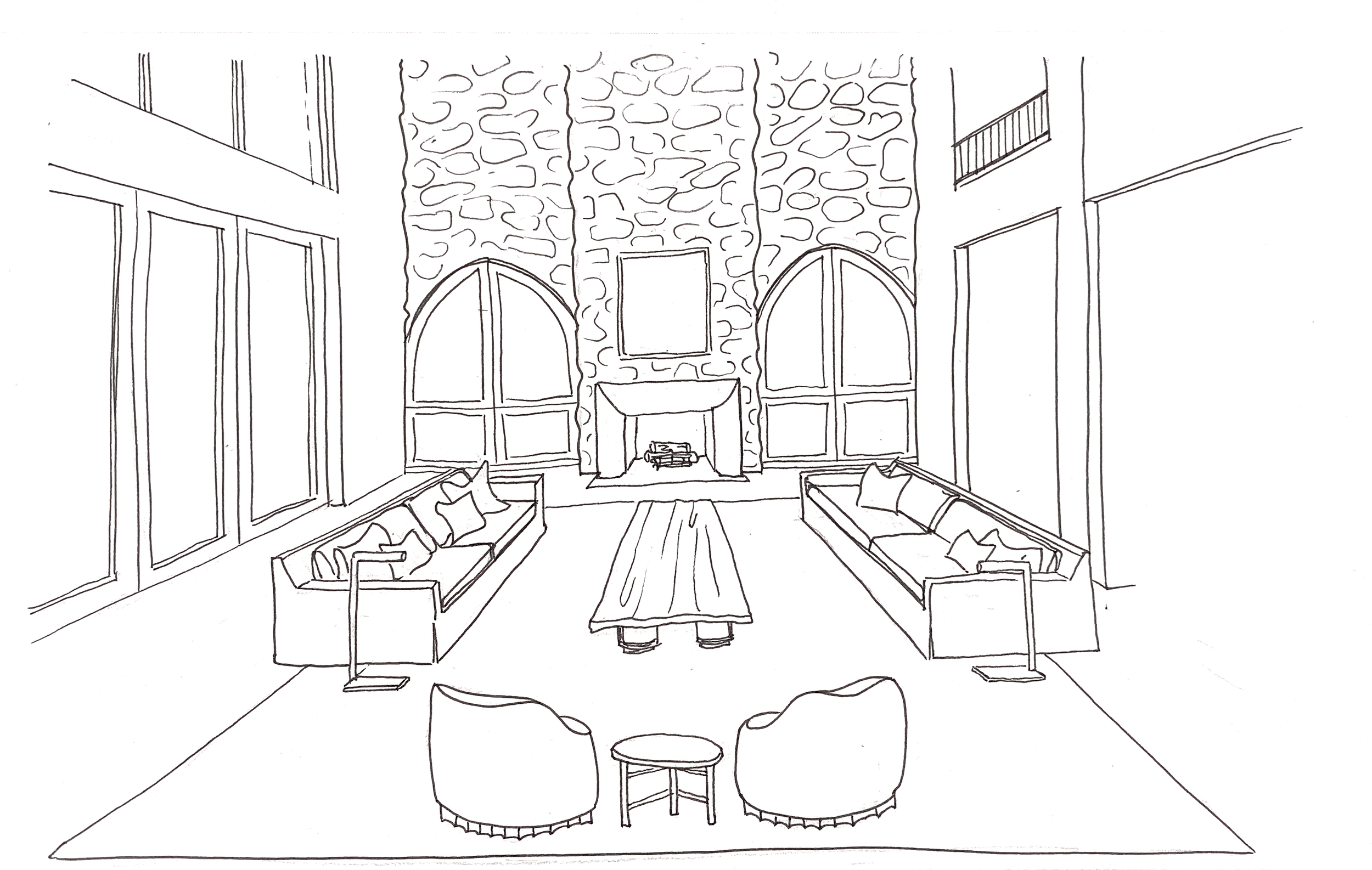 Line drawing of a living room with large windows, a stone fireplace, a framed picture above the fireplace, sofas with pillows, a coffee table, and two armchairs.