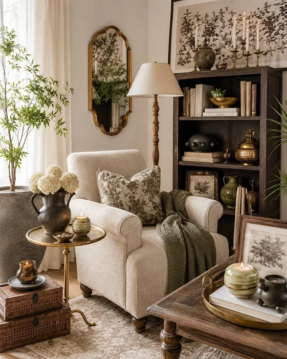 Warm quiet luxury reading corner with neutral decor, vintage-inspired accents, cozy textures, candles, books, and affordable Amazon home finds for romantic brides dreaming of their future home.