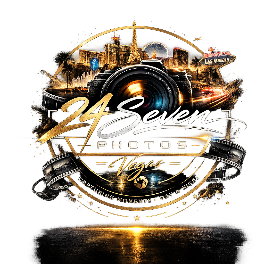 A promotional graphic for 24 Seven Photos Vegas featuring a camera lens, the Las Vegas skyline, a Ferris wheel, palm trees, a 'Las Vegas' sign, and a sunset over water. Text includes '24 Seven Photos Vegas' and 'Capturing  moments Day & Night'.