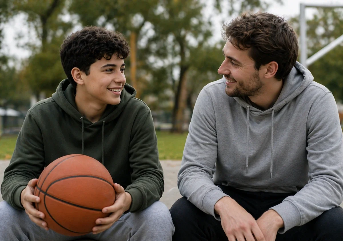 Youth NDIS support worker playing basketball with a young person on an outdoor court