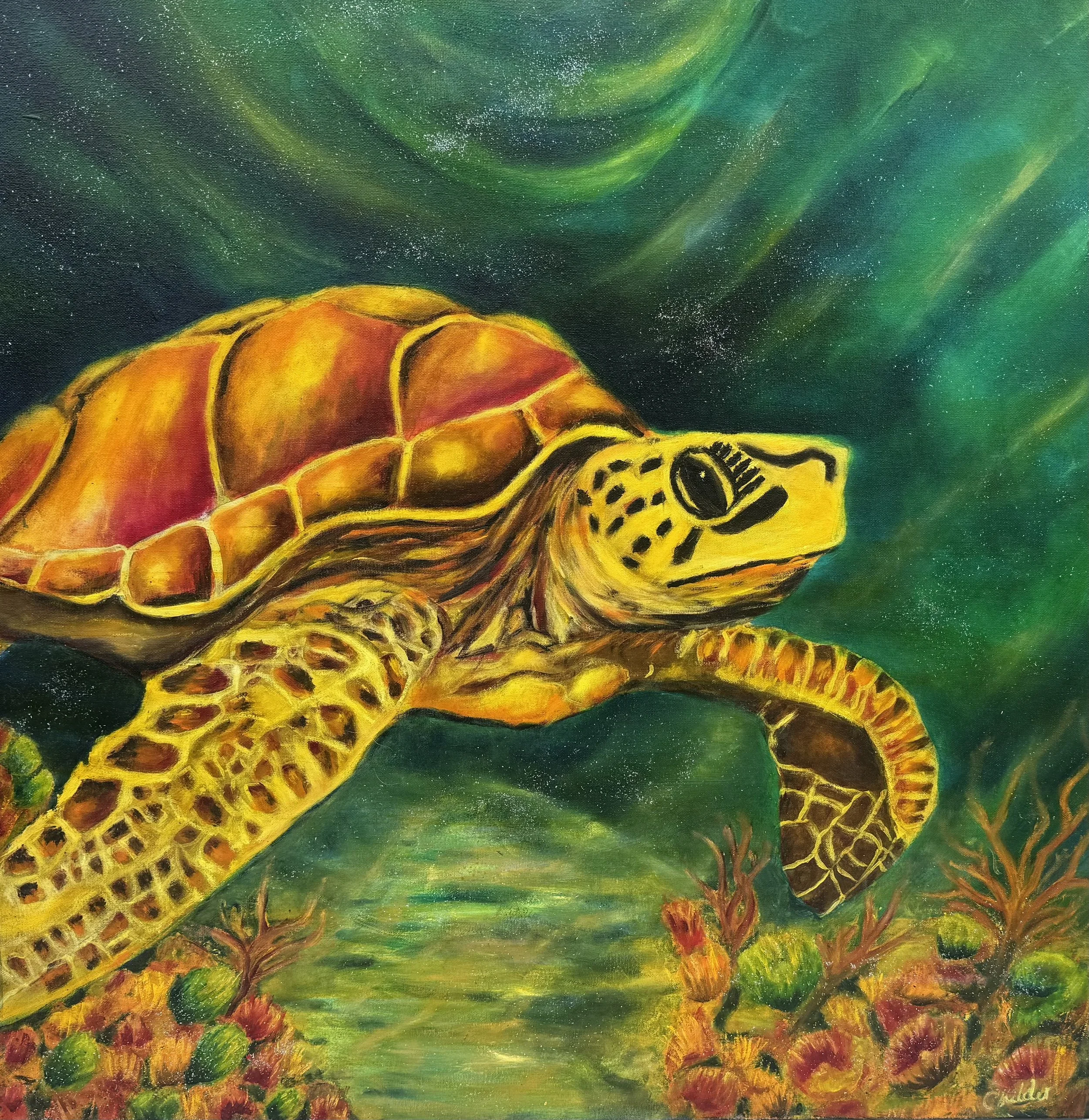 The Ancient Voyager  Moving calmly through shifting currents, the sea turtle becomes a symbol of endurance, wisdom, and quiet resilience