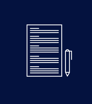 Icon of a document with lines of text and a pen on a dark blue background.