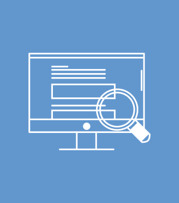 Computer monitor with a magnifying glass over a webpage, representing search or analysis.