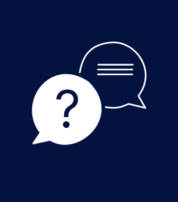 Two speech bubbles, one with a question mark and the other with lines representing text, on a dark background.