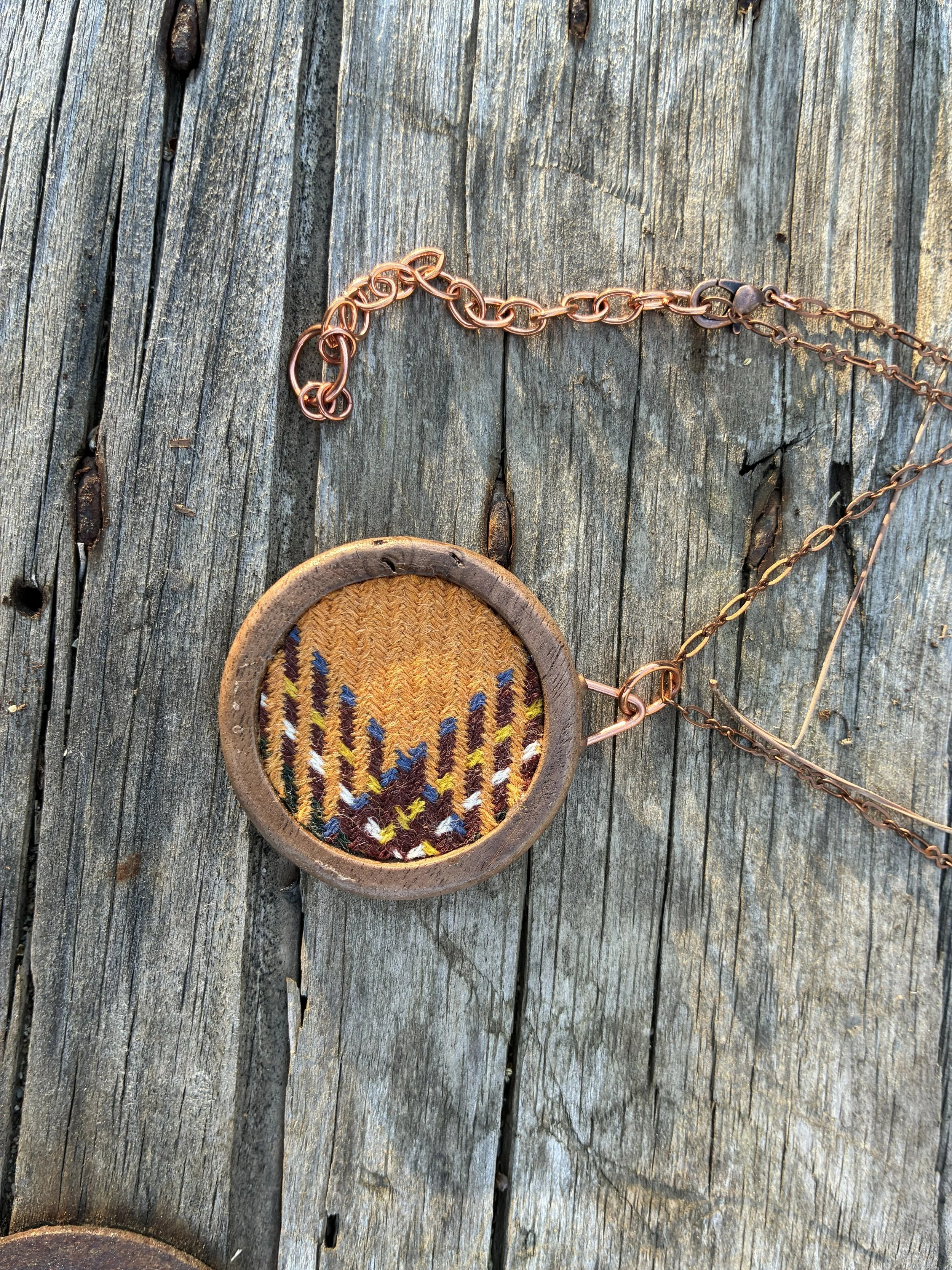 Yellow Wool and Walnut Necklace