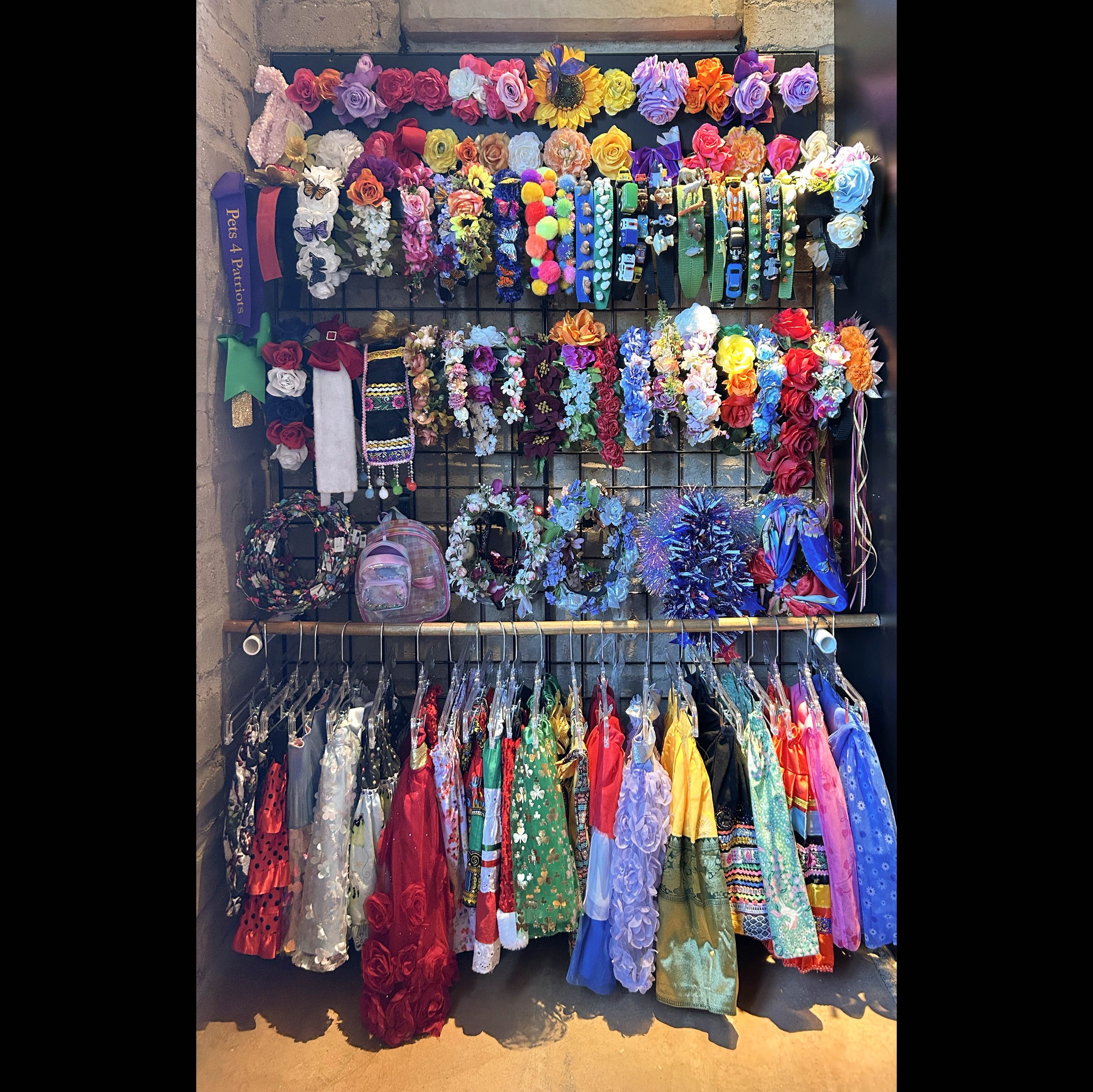 A photo of my current wardrobe wall. Loren never has me wear costumes that are cute or silly; only outfits that compliment and respect me. I'm very comfortable in my outfits. I even can jump through Loren's arms wearing anything I have.