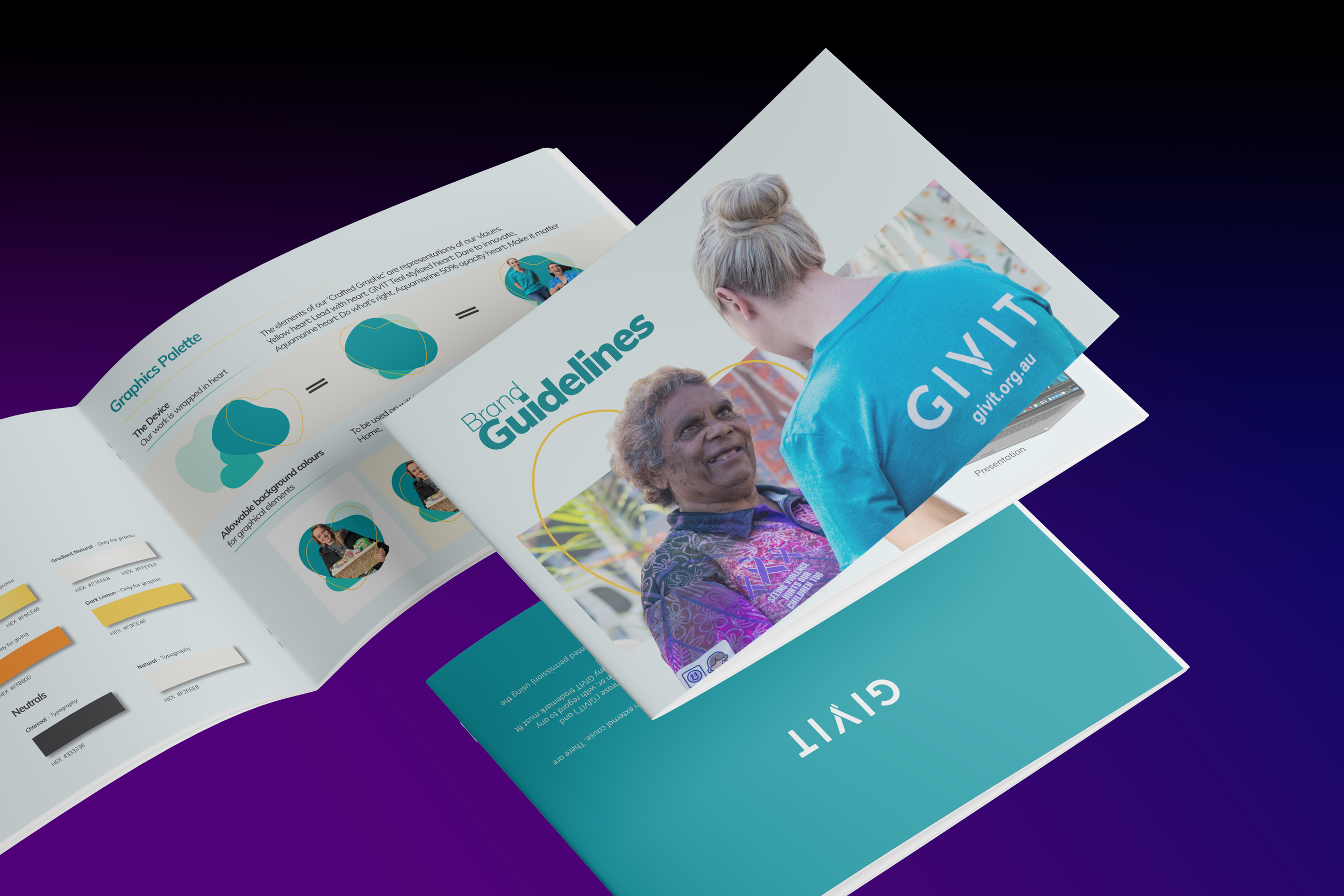 Brand guidelines and visual identity design created for national not-for-profit GIVIT, showcasing branding, typography, colour palette, and brand system development.