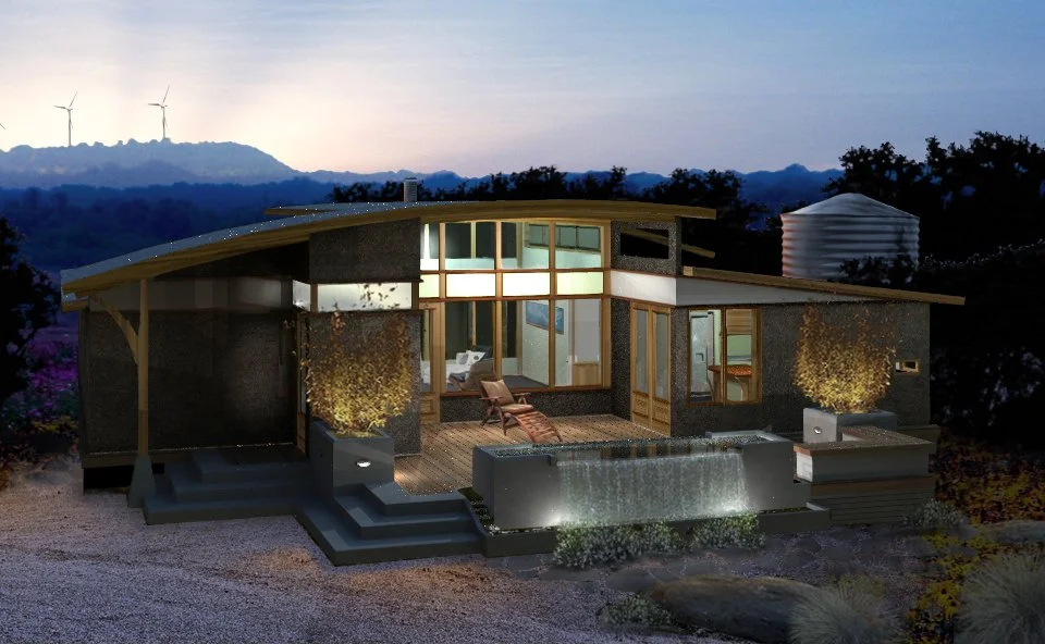 Night rendering of a custom modern home design by JBC in Fredericksburg Texas. Large glass windows, arched standing seam metal SIP panel roof and a waterfall feature at dusk.