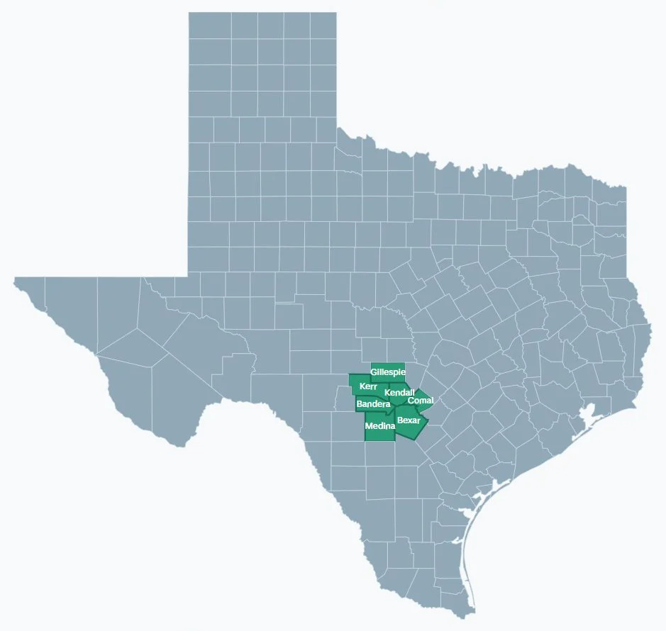 Map of JBC service areas, including Gillespie, Kerr, Kendall, Bandera, Comal, Bexar, and Medina counties.