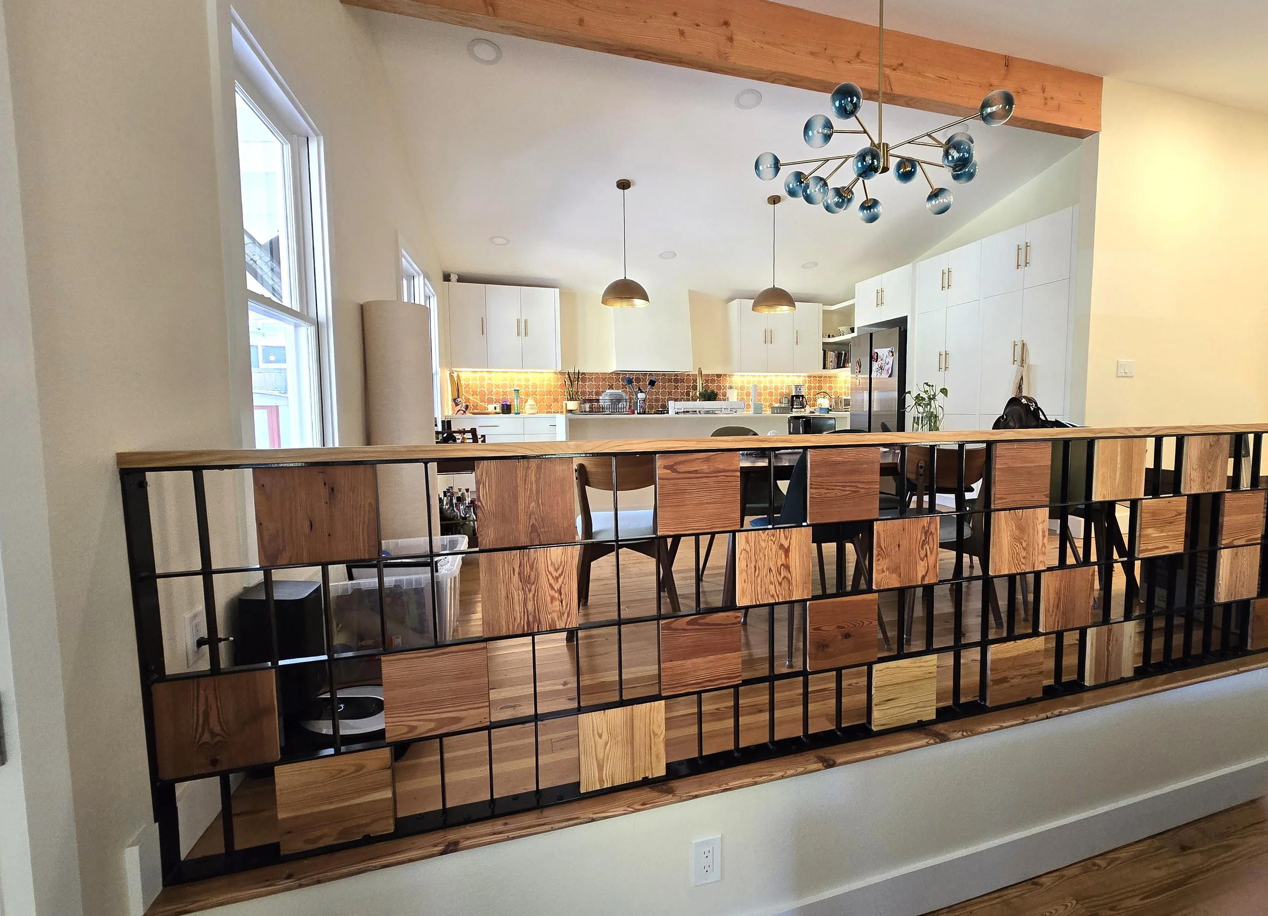 Beautiful wood and metal handrail and kitchen details
