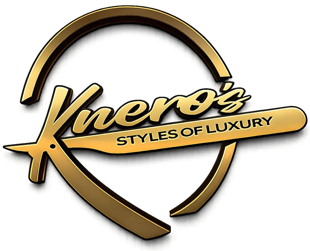 Gold-colored logo with a circular design, featuring the text "Knero's Styles of Luxury" in a stylized script and block font.