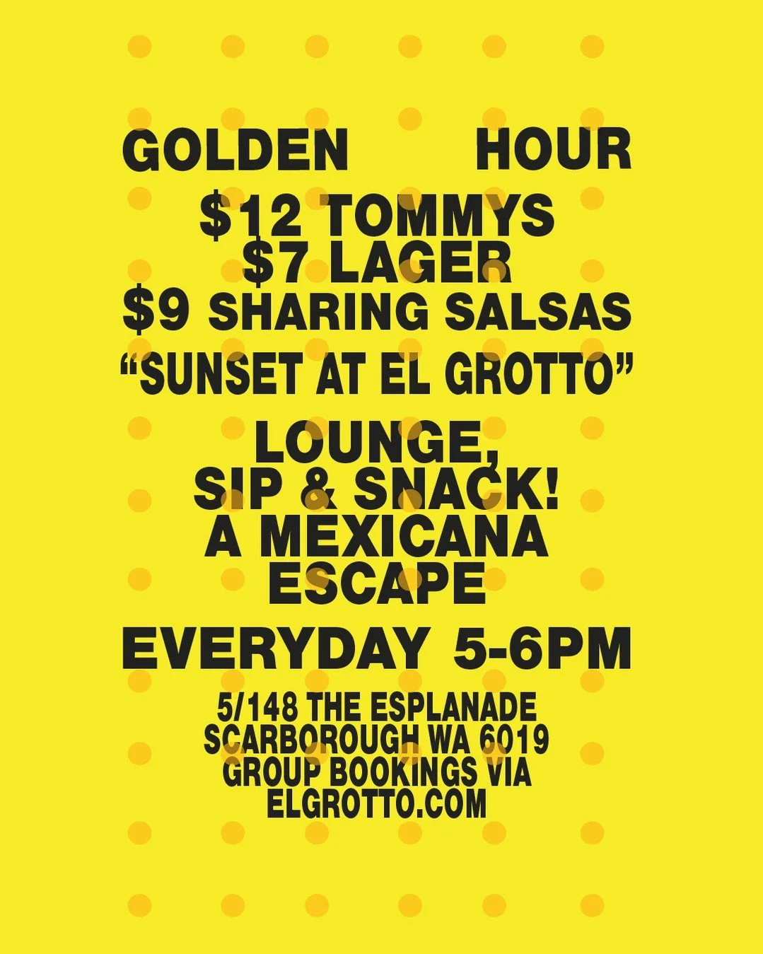 NEW SEASON, NEW GOLDEN HOUR!⁠
+ $12 TOMMY'S⁠
+ $7 LAGER⁠
+ $9 SHARING SALSAS⁠
⁠
JOIN US AS THE SUN DROPS.⁠
EVERYDAY, 5-6PM