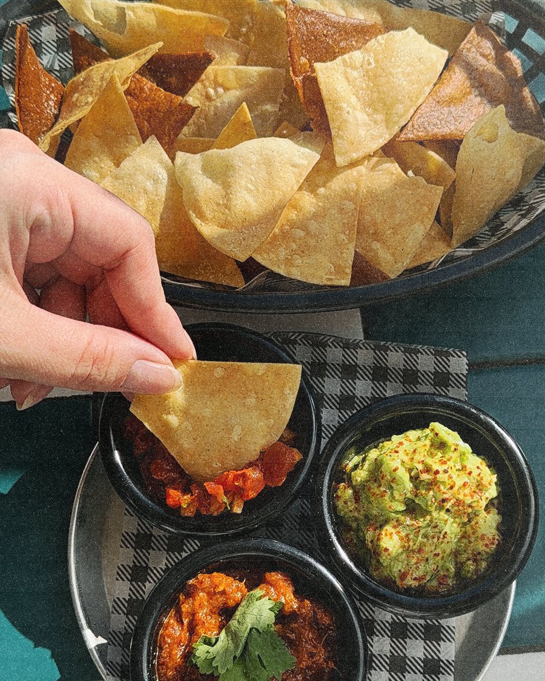 sharing salsas hot off the new summer menu!⁠
corn chips served with our beloved guac, smoky &amp; spicy pico,⁠
and pi&ntilde;a salsa 🌵