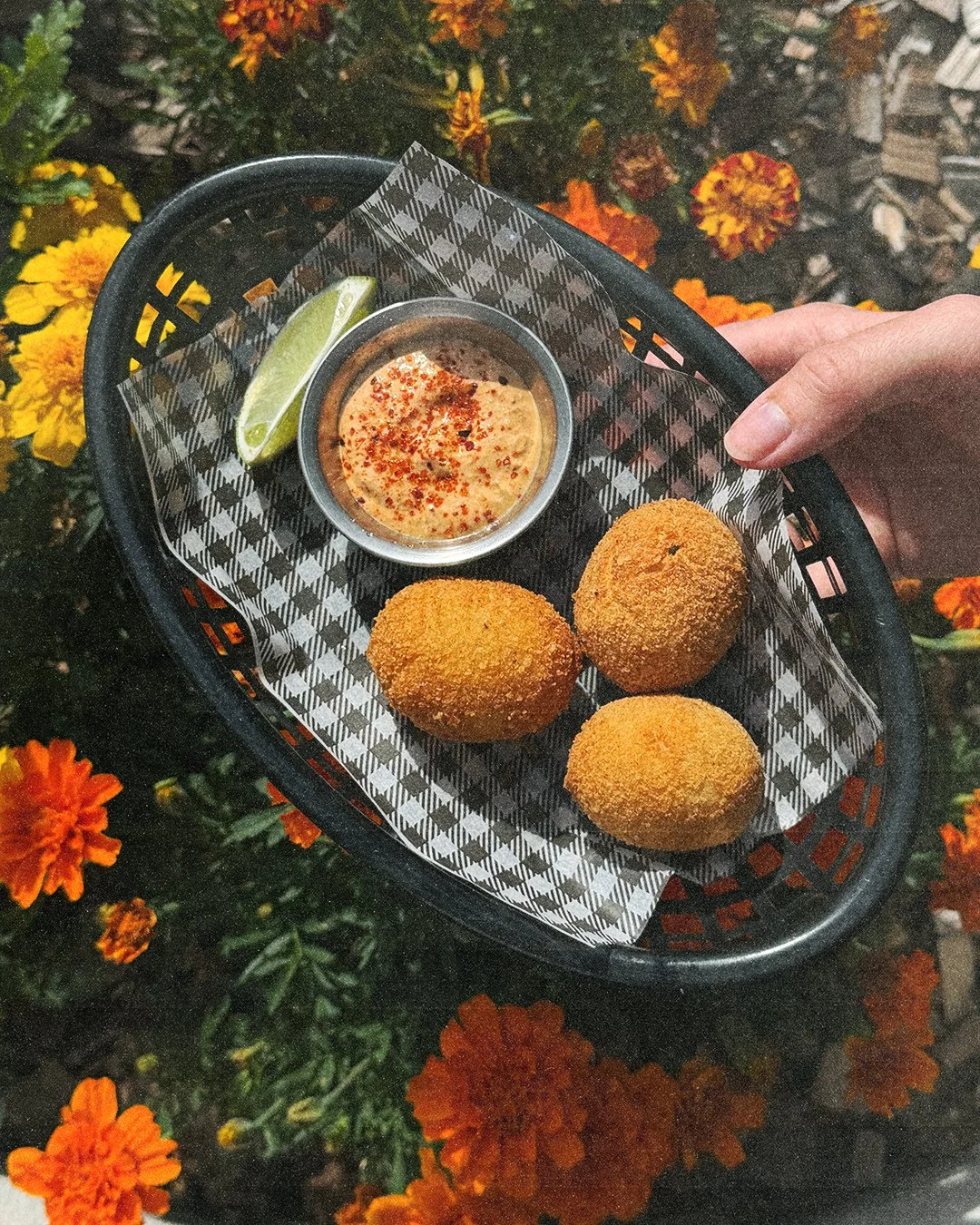 new summer snack from Chef Mari!⁠
golden jalape&ntilde;o &amp; cheese croquetas w/ paprika &amp; pineapple sour cream sauce!