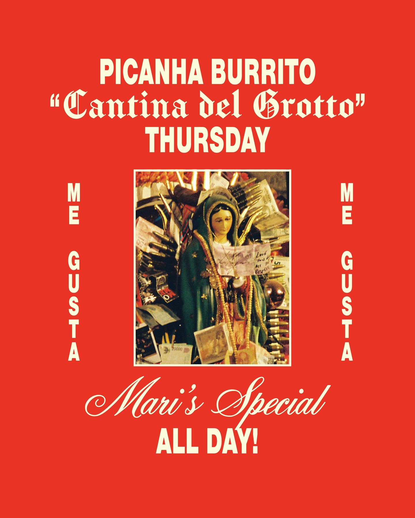 MARI'S SPECIAL!⁠
our Picanha steak burrito! stacked with marbled beef, marinated in Mayan spices and achiote, then wrapped up hot, saucy and very hard to share.⁠
⁠
she&rsquo;s rich. she&rsquo;s messy. she&rsquo;s Thursday-only.⁠
&iexcl;ready when you