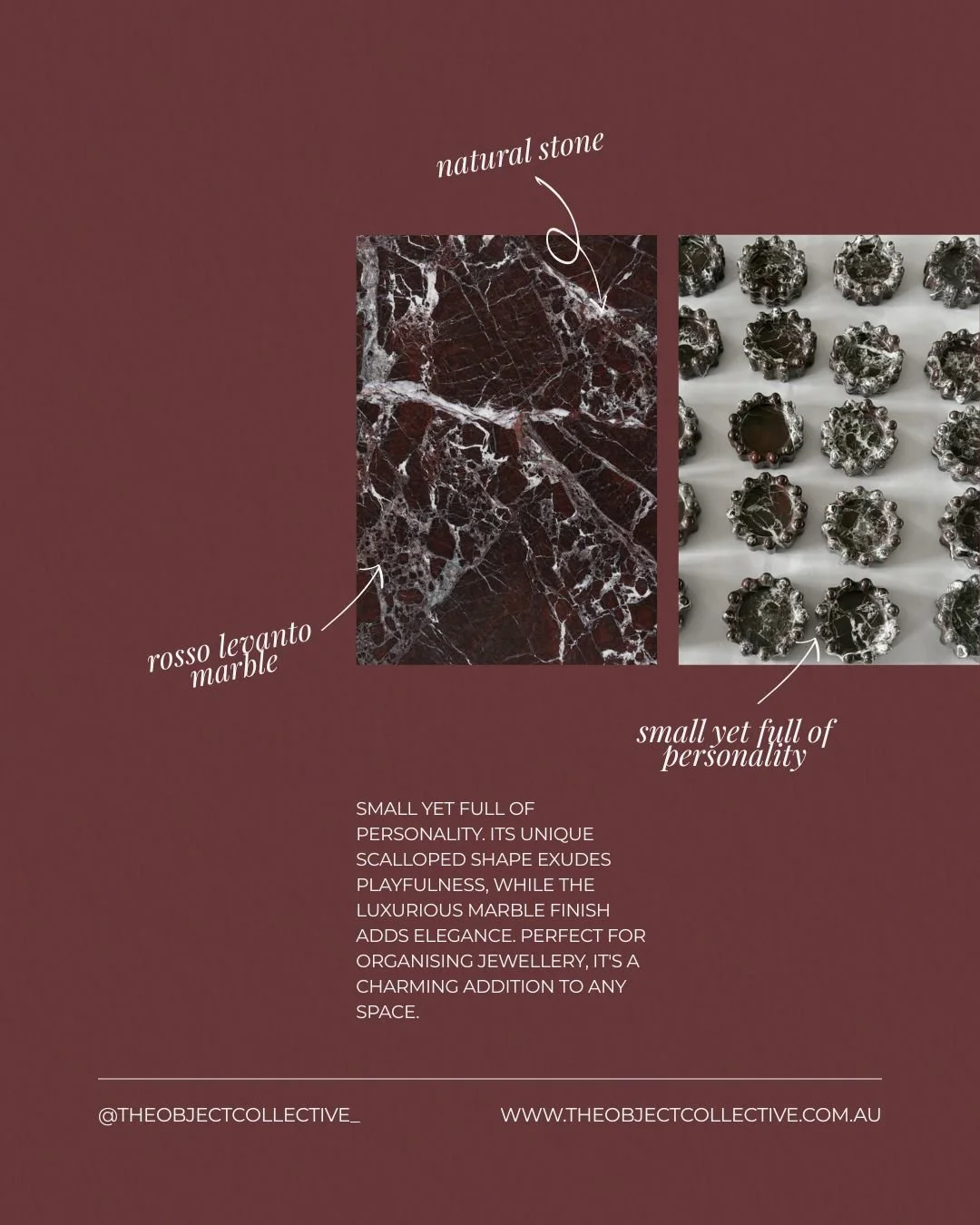 Introducing a new arrival. The Gigi Catchall in Rosso Levanto.

Carved from natural stone, each piece is defined by its sculptural scalloped form and the deep, expressive veining of Rosso Levanto marble.

Small in scale, yet rich in character. Design