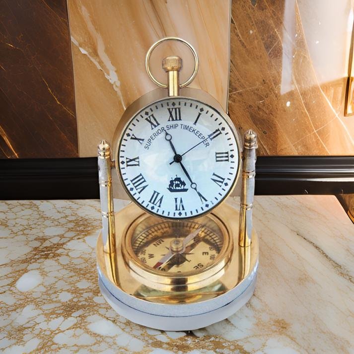 Solid Brass Clock with Compass 5"