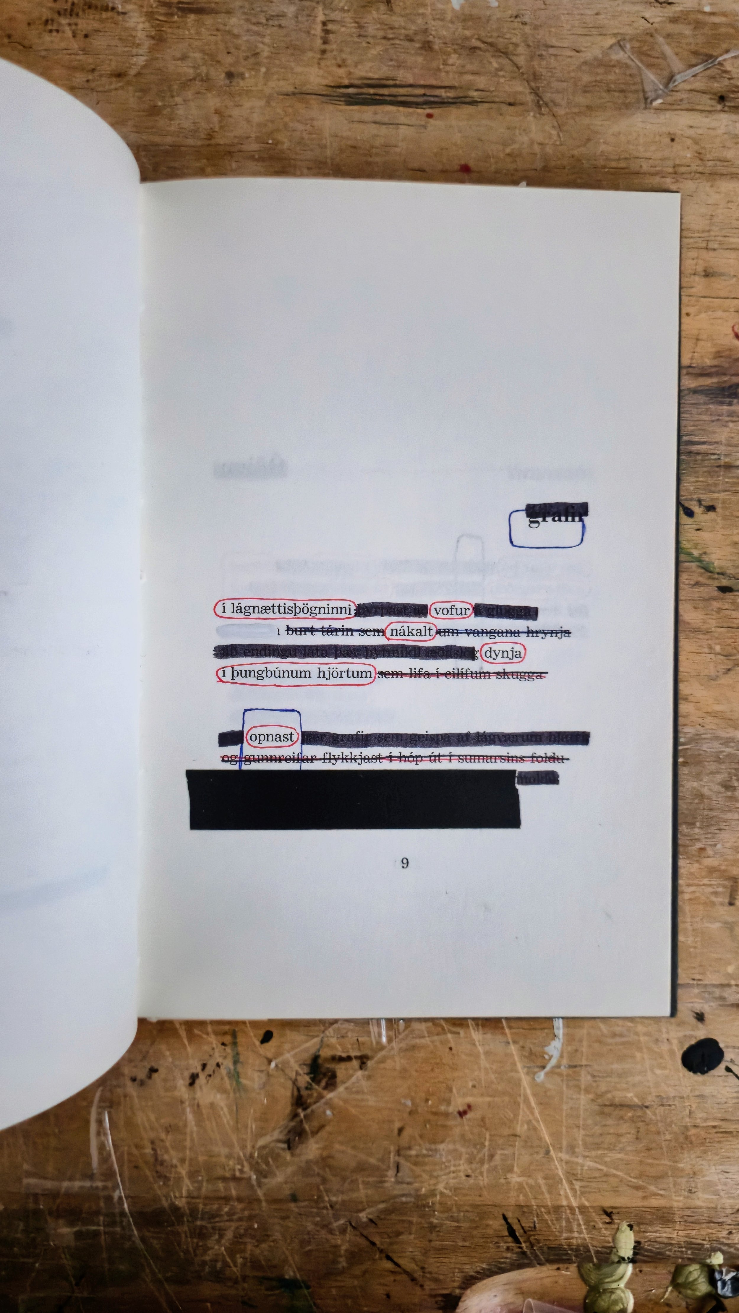 A page from a book with handwritten annotations and red ink markings on Icelandic text, on a wooden surface.