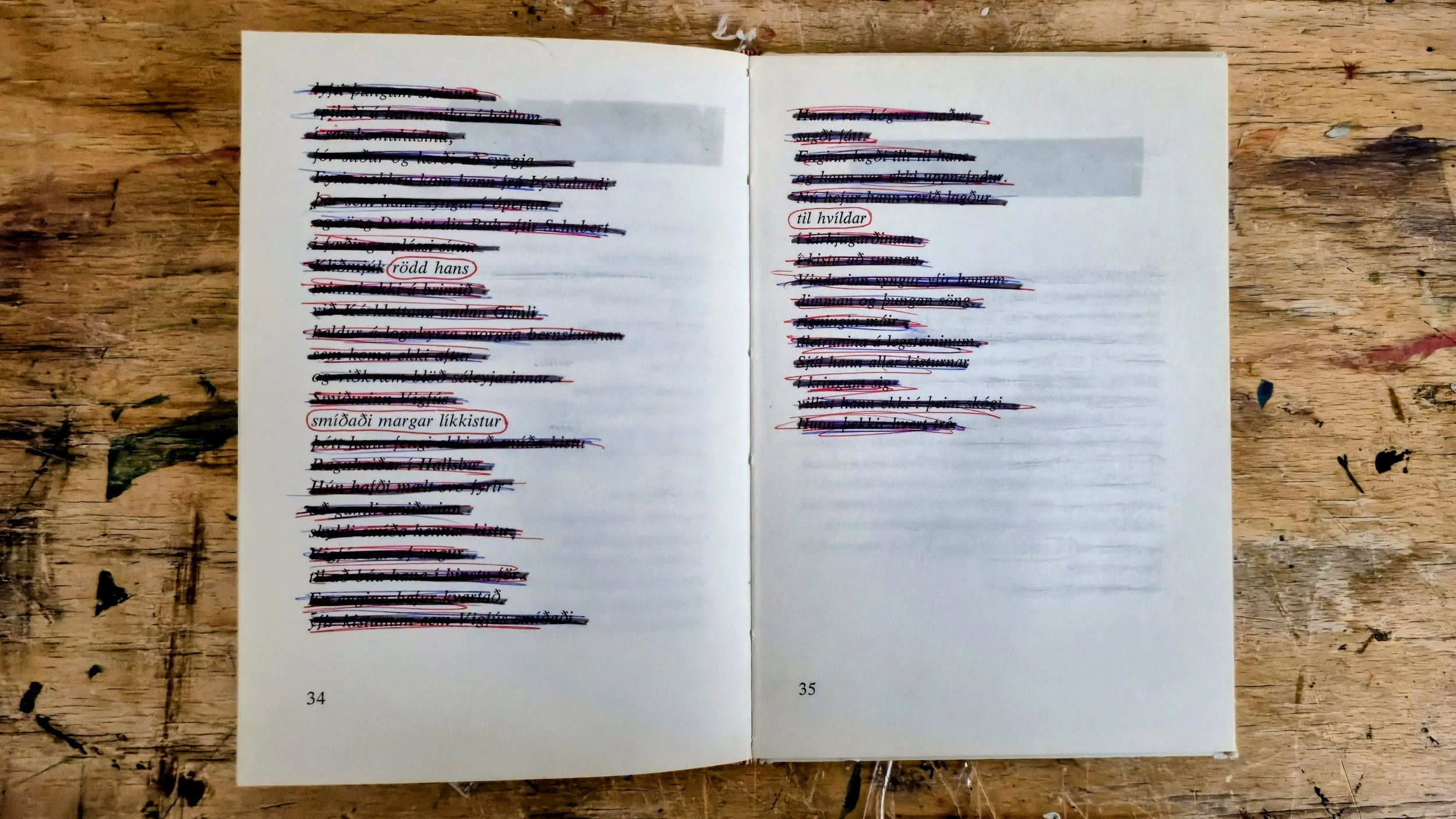 Open book with handwritten text and edits on pages 34 and 35, with several lines crossed out and words circled in red, laid on a wooden table.