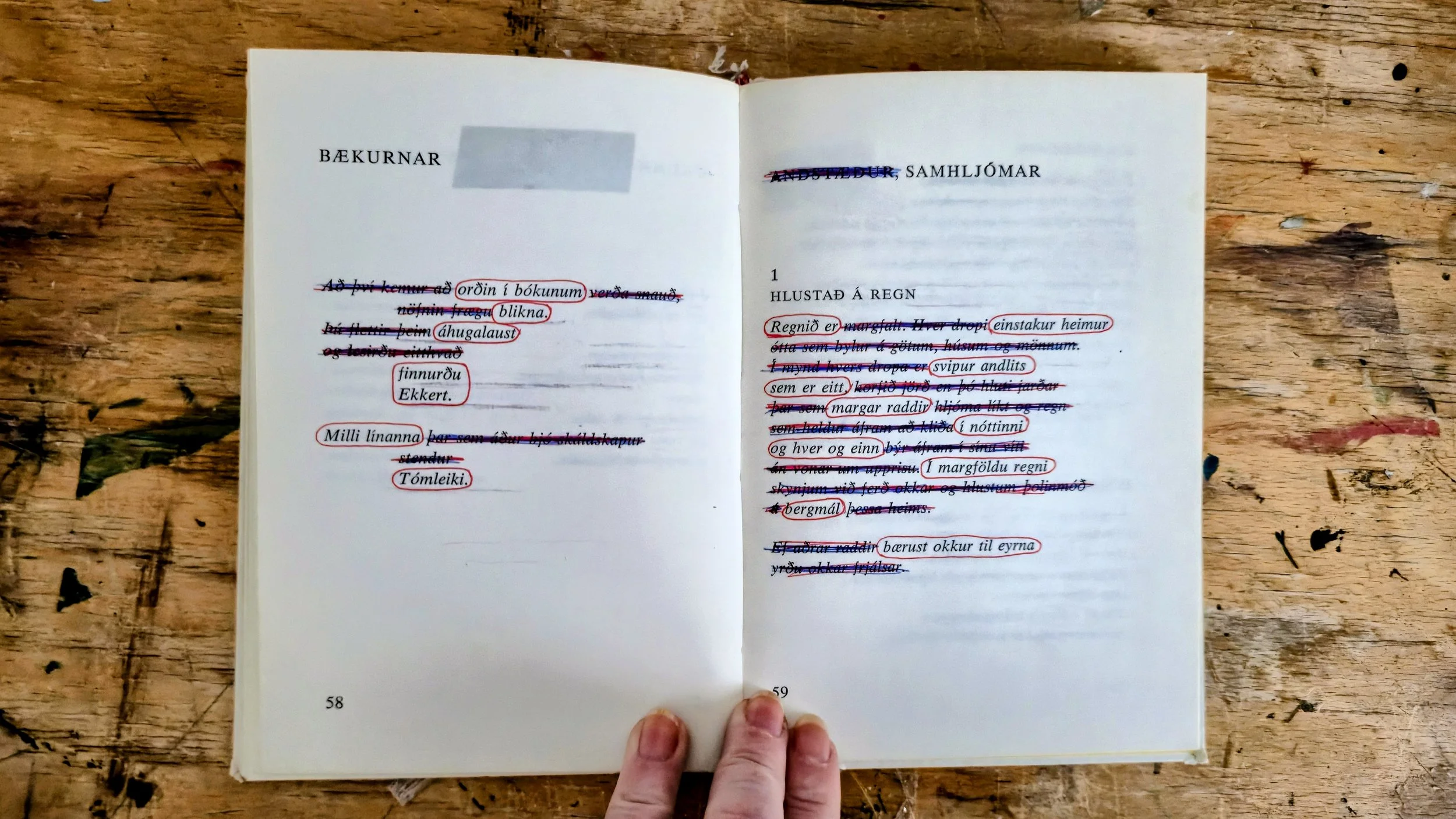 Open book with text in Icelandic, highlighted and struck through, held on a wooden surface.