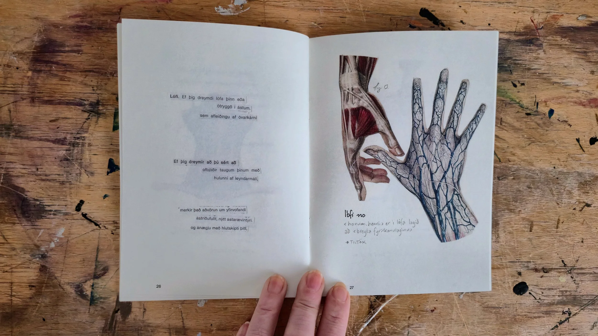 Open book on a wooden surface showing an illustration of a hand and arm with muscles and veins, alongside text in Icelandic.