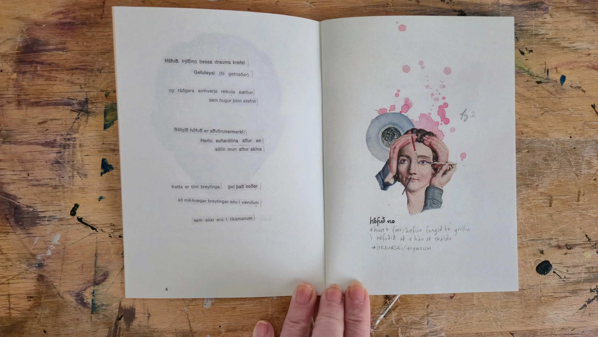 Open notebook on a wooden surface showing a watercolor illustration of a woman applying makeup and a sheet of text in a foreign language.