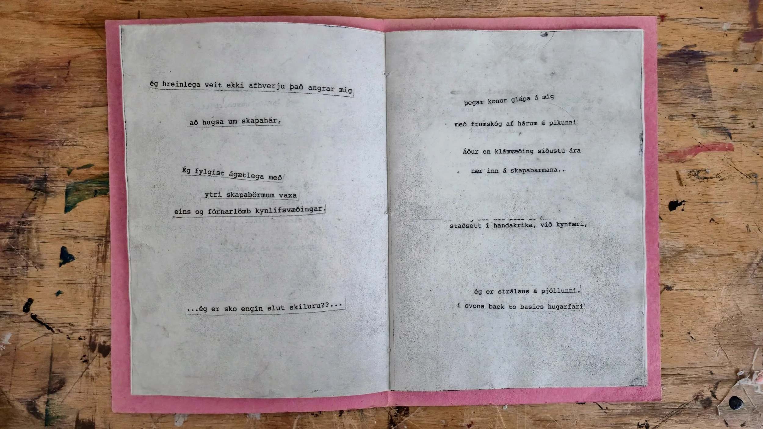 Open book with text in Icelandic on a wooden surface, showing two pages with typed words and a pink border.
