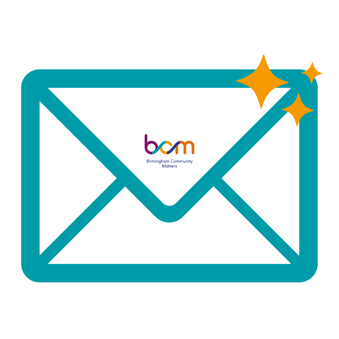 Doodle of an envelope with BCM logo and emoji sparkles