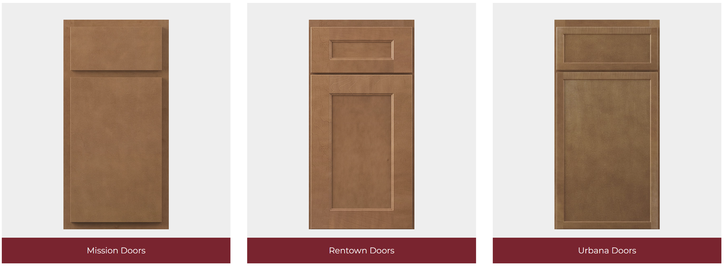 Kountry Wood door styles: Mission, Rentown, and Urbana.