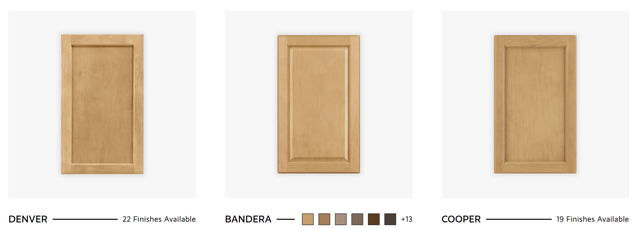 Three wooden cabinet doors labeled Denver, Bandera, and Cooper, each with different finishes and colors.