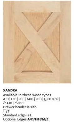 Fieldstone® Cabinets Overlay door, 'XANDRA', available in multiple wood types, standard edge is L, optional edges A, D, F, H, M, Z.