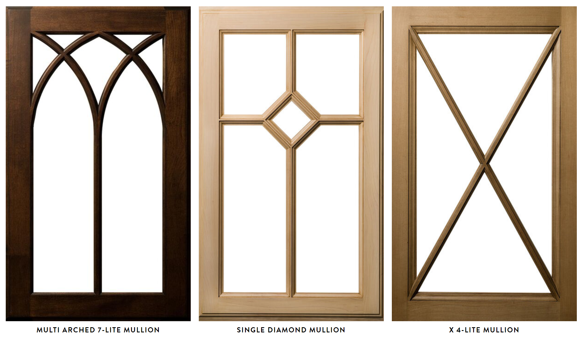 Three window frame designs: a multi-arched 7-lite mullion with dark wood, a single diamond mullion with light wood, and an X 4-lite mullion with brown wood. Each design features different geometric patterns.