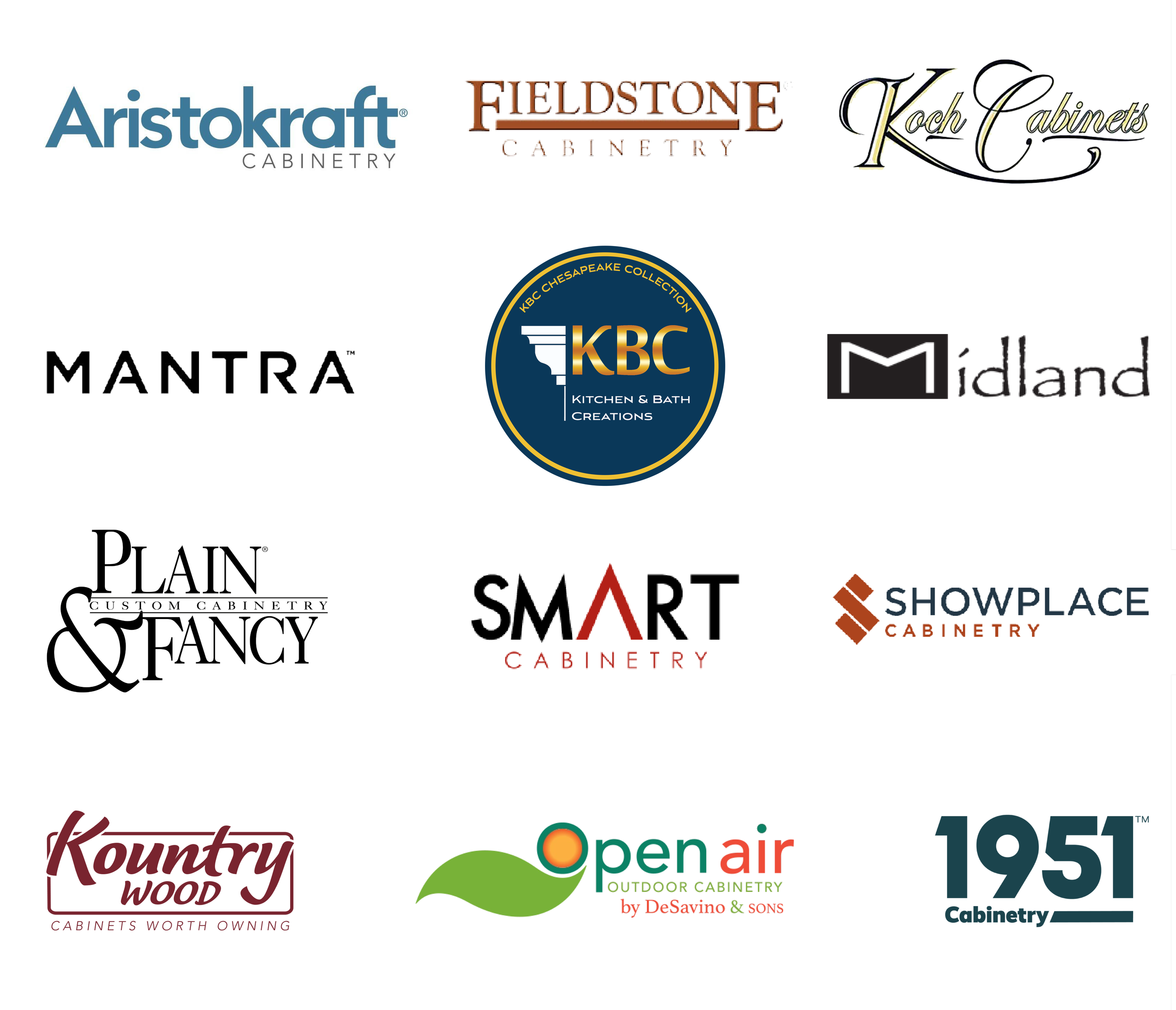 Cabinet Brands KBC Carries: Aristokraft, Fieldstone, Koch Cabinets, Mantra, KBC Chesapeake, Midland, Plain & Fancy, SMART, Showplace, Kountry Wood (*Multifamily), Open Air, and 1951 Cabinetry. ,