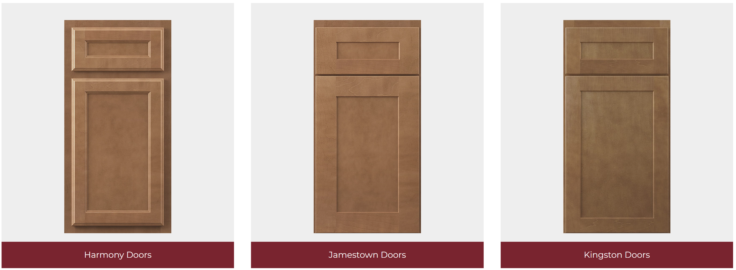 Kountry door styles Harmony, Jamestown, and Kingston.