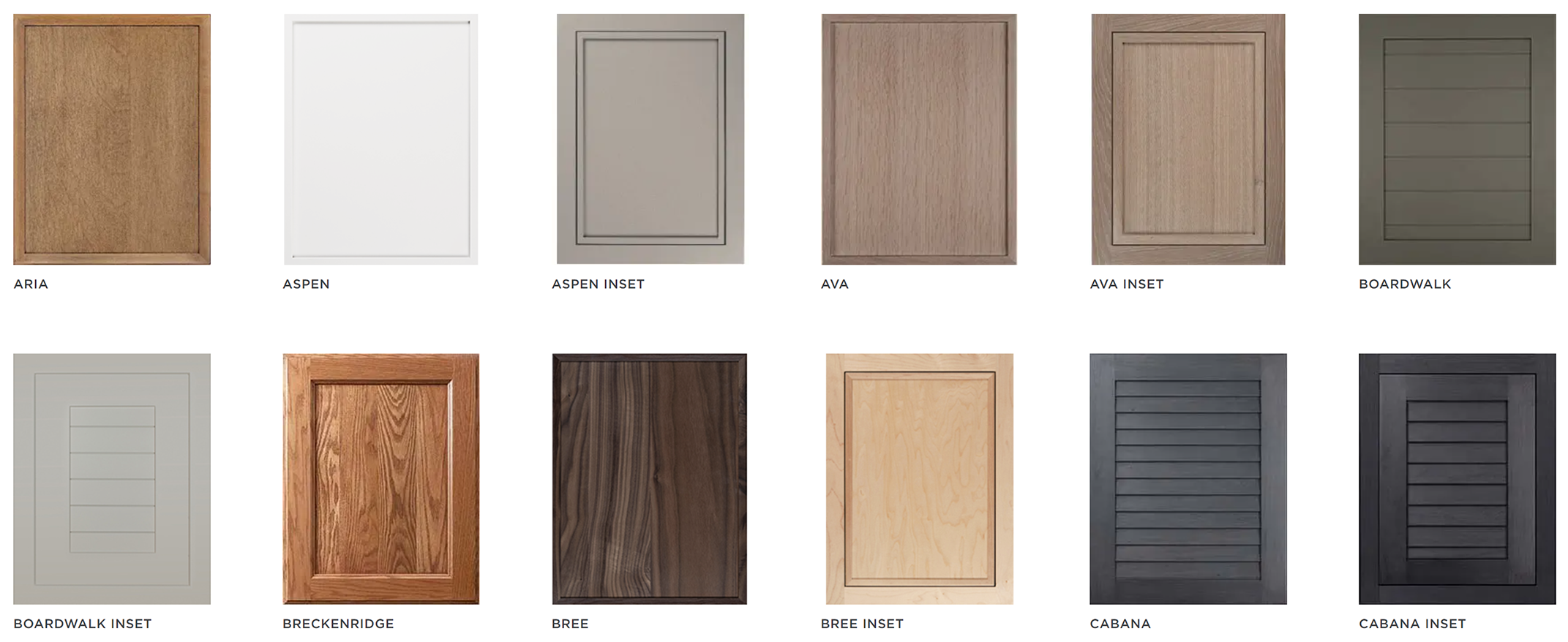 Showplace® Cabinetry door styles including Aria, Aspen, Aspen Inset, Ava, Ava Inset, Boardwalk, Boardwalk Inset, Breckenridge, Bree, Bree Inset, Cabana, and Cabana Inset.