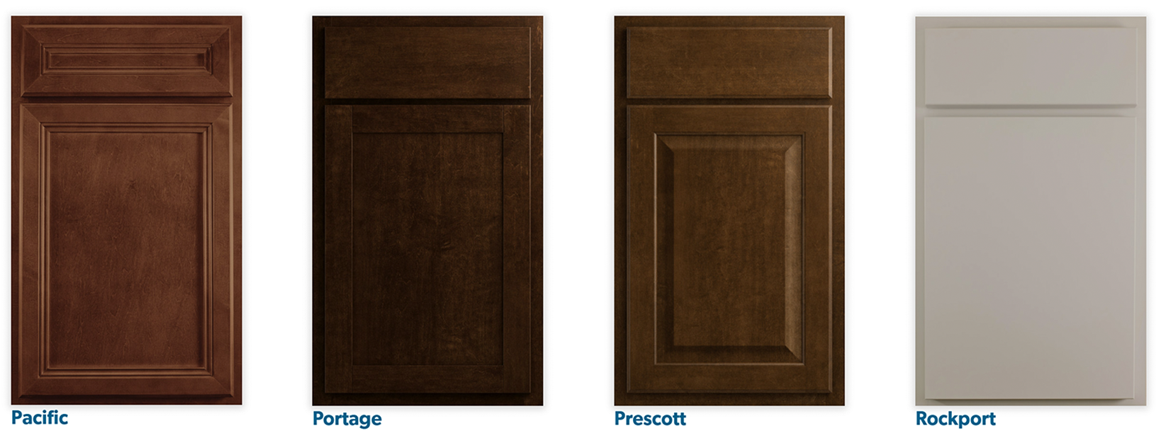 Four kitchen cabinet door styles labeled Pacific, Portage, Prescott, and Rockport.