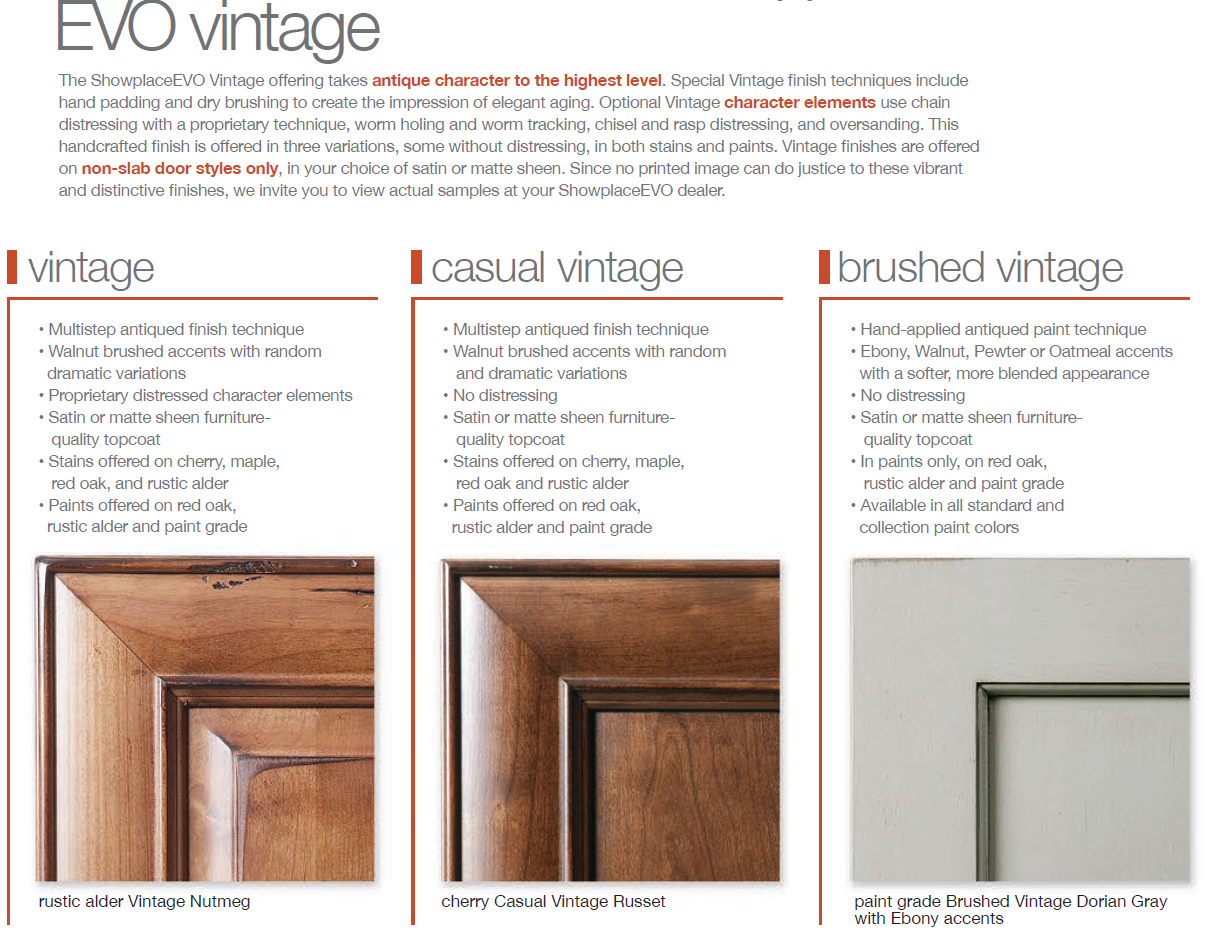 Showplace® Cabinetry three types of vintage finishes: vintage, casual vintage, and brushed vintage, with details of finishing techniques, wood options, and paint colors.