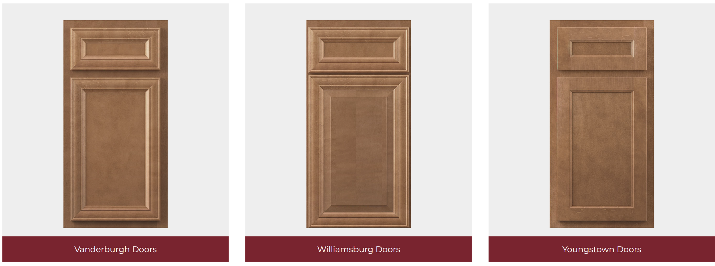 Kountry Wood door styles: Vanderburgh, Williamsburg, and Youngstown.