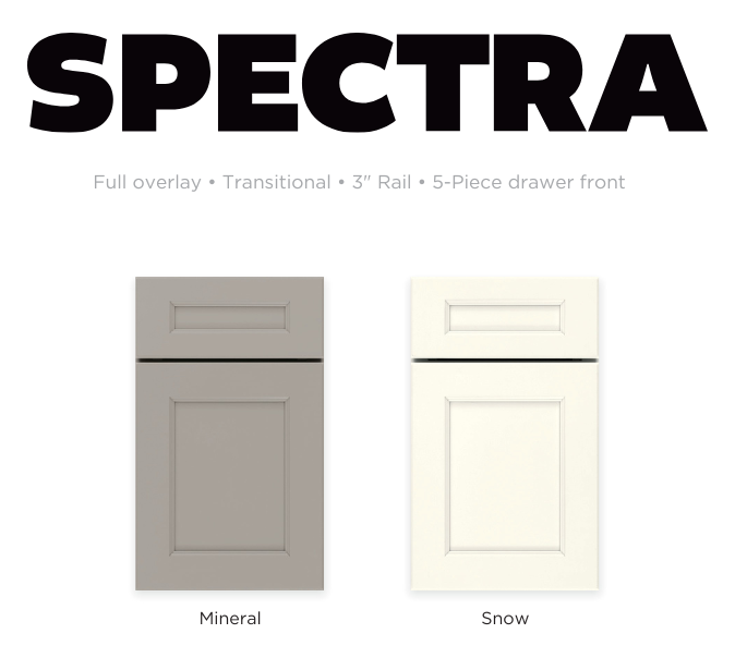 Cabinet door styles labeled "Spectra" featuring two color options: Mineral and Snow with specifications like full overlay, transitional style, 3-inch rail, and 5-piece drawer front.