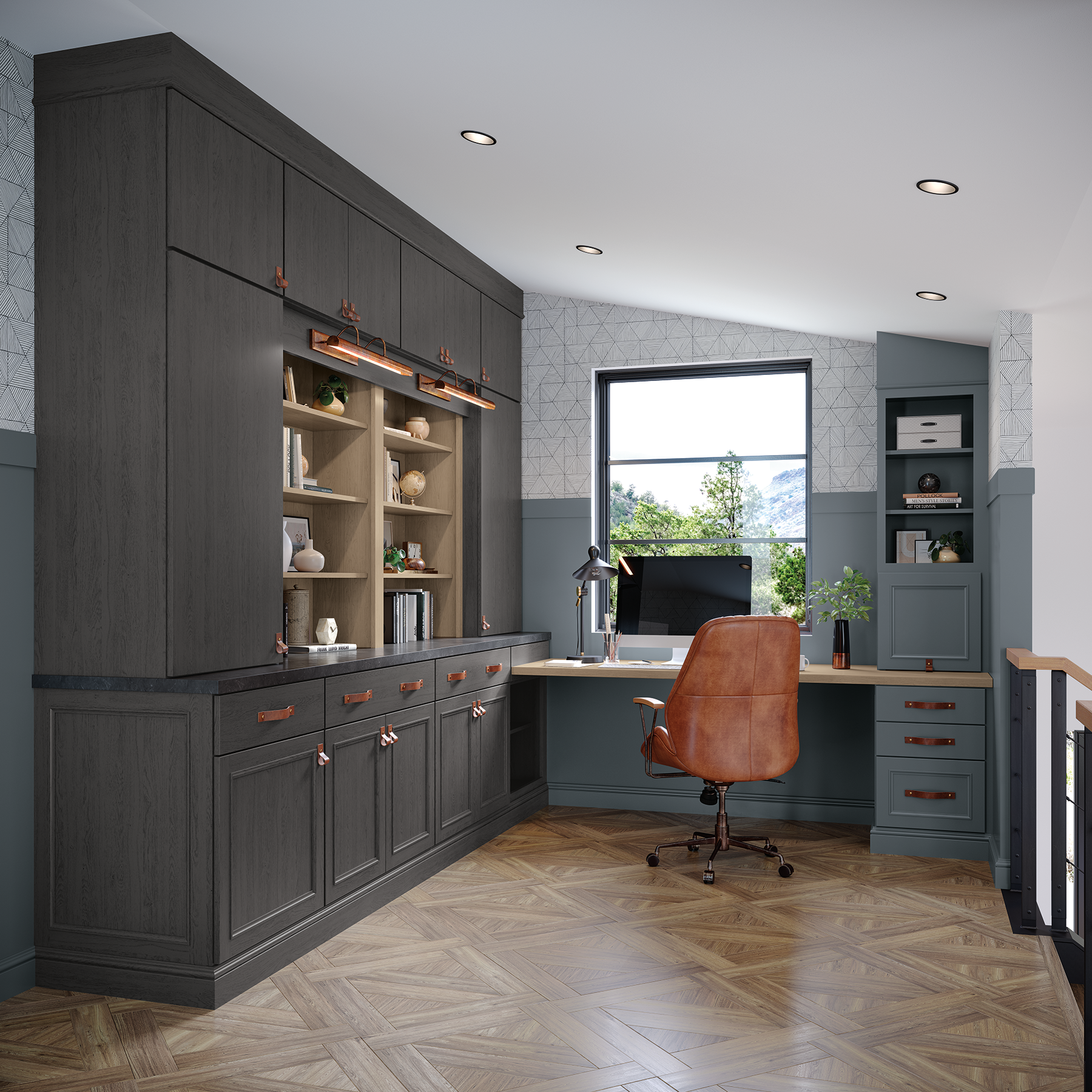 Modern home office with dark gray cabinets, open shelves with decor, a desk under a window, and a brown leather chair.