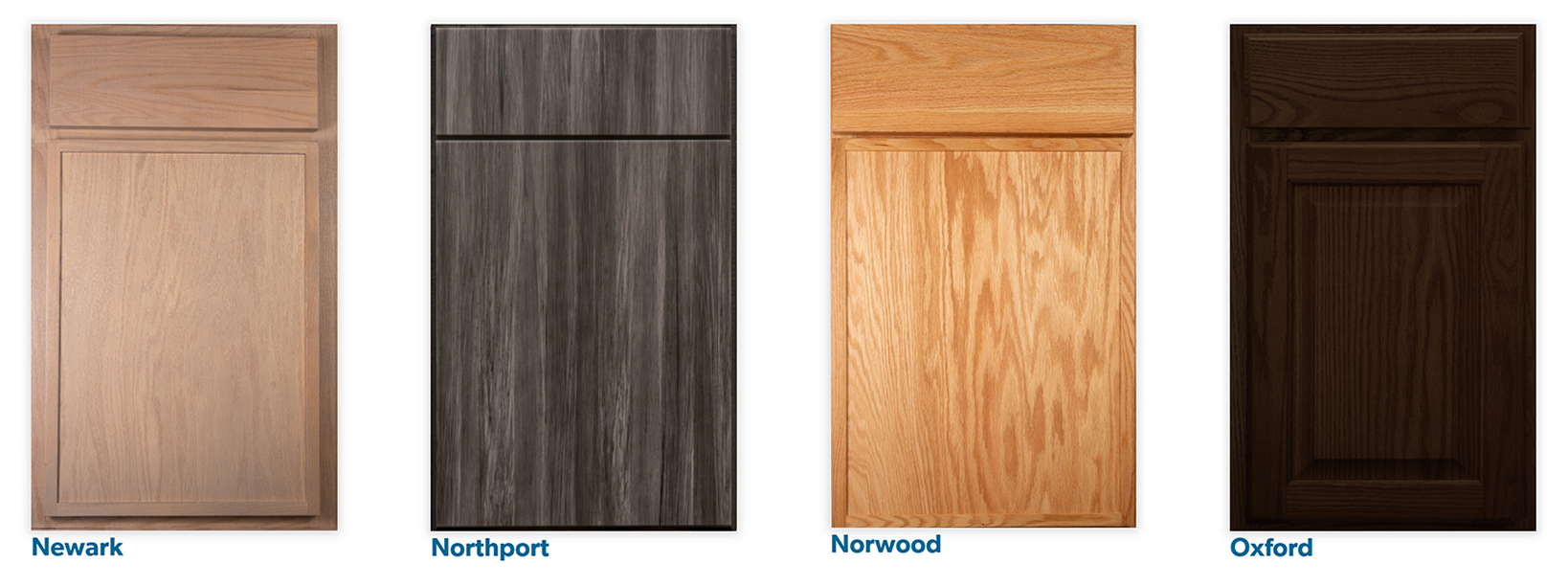 Four types of wooden cabinet doors labeled Newark, Northport, Norwood, and Oxford, each with distinct colors and grain patterns.