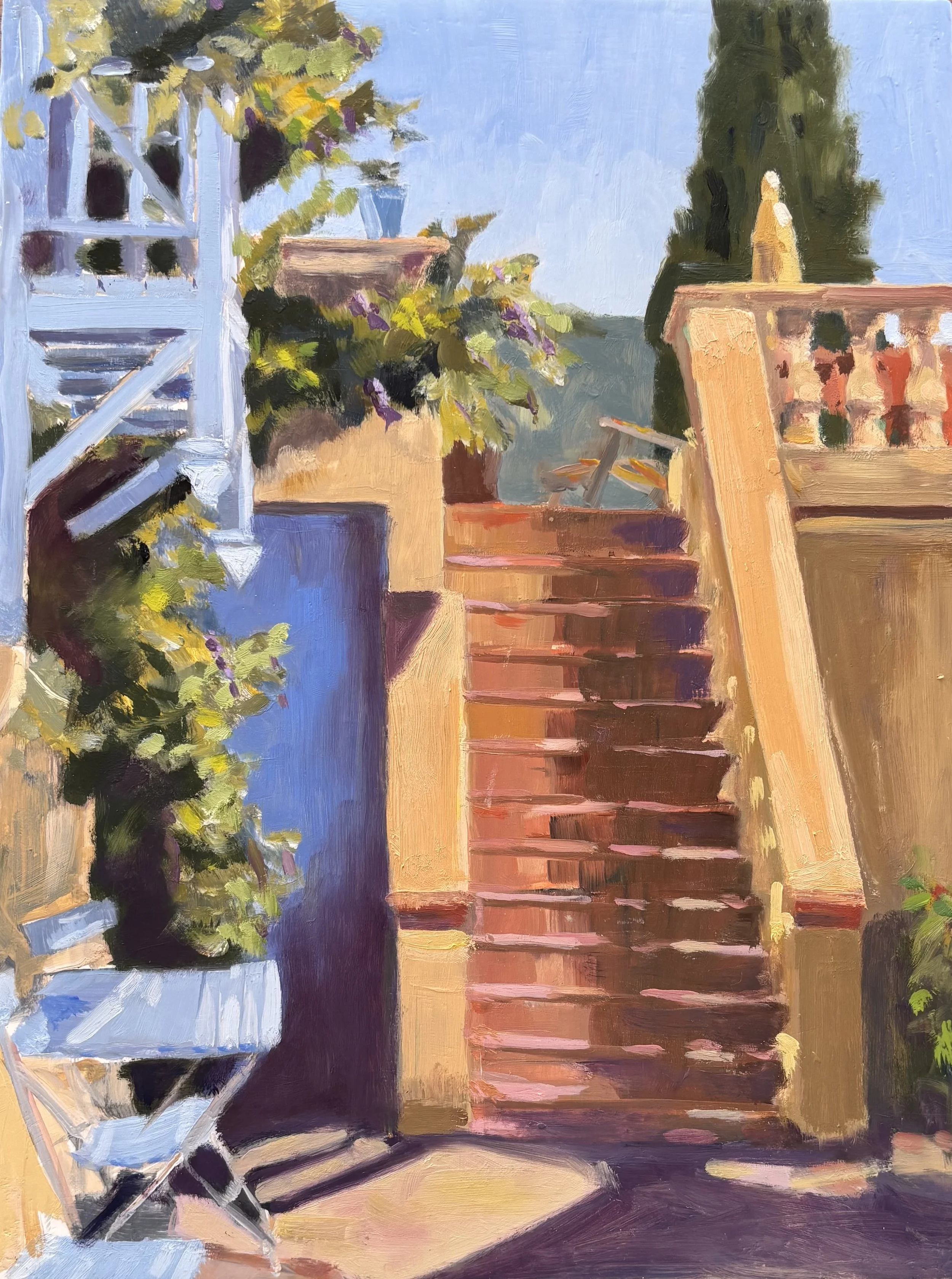 Mediterranean Steps, oil on gessoed board, 30x23cm, 2026