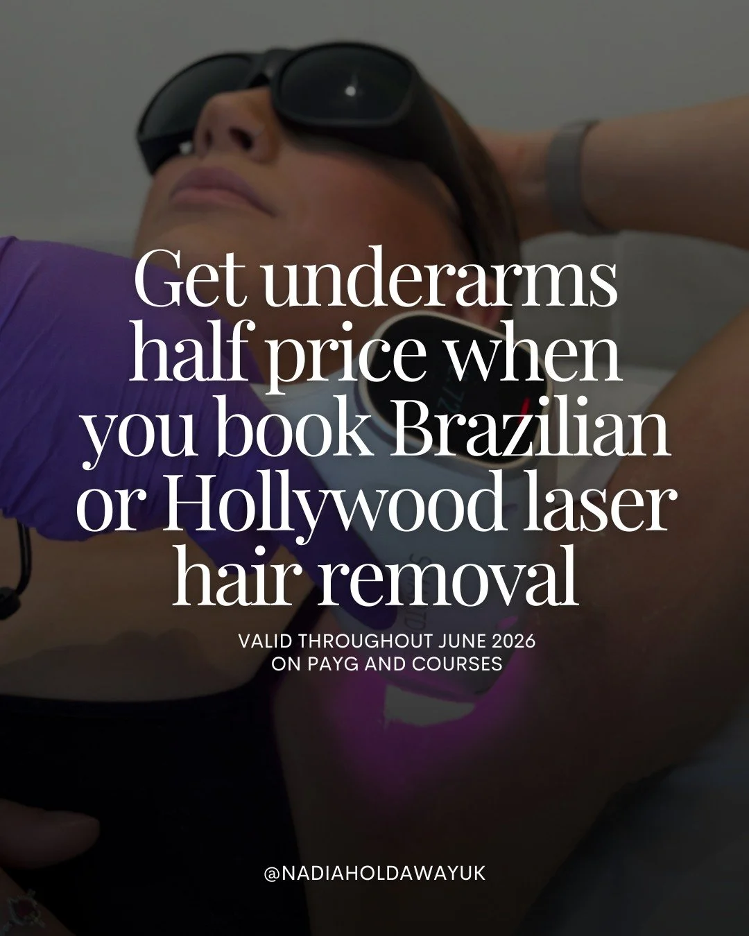 ☀️ JUNE OFFER ☀️

Book a course of Brazilian or Hollywood laser hair removal this June and get your underarms HALF PRICE throughout your course ✨

That's a saving of up to &pound;135... the equivalent of 3 underarm sessions completely free 🤯

✔ Less
