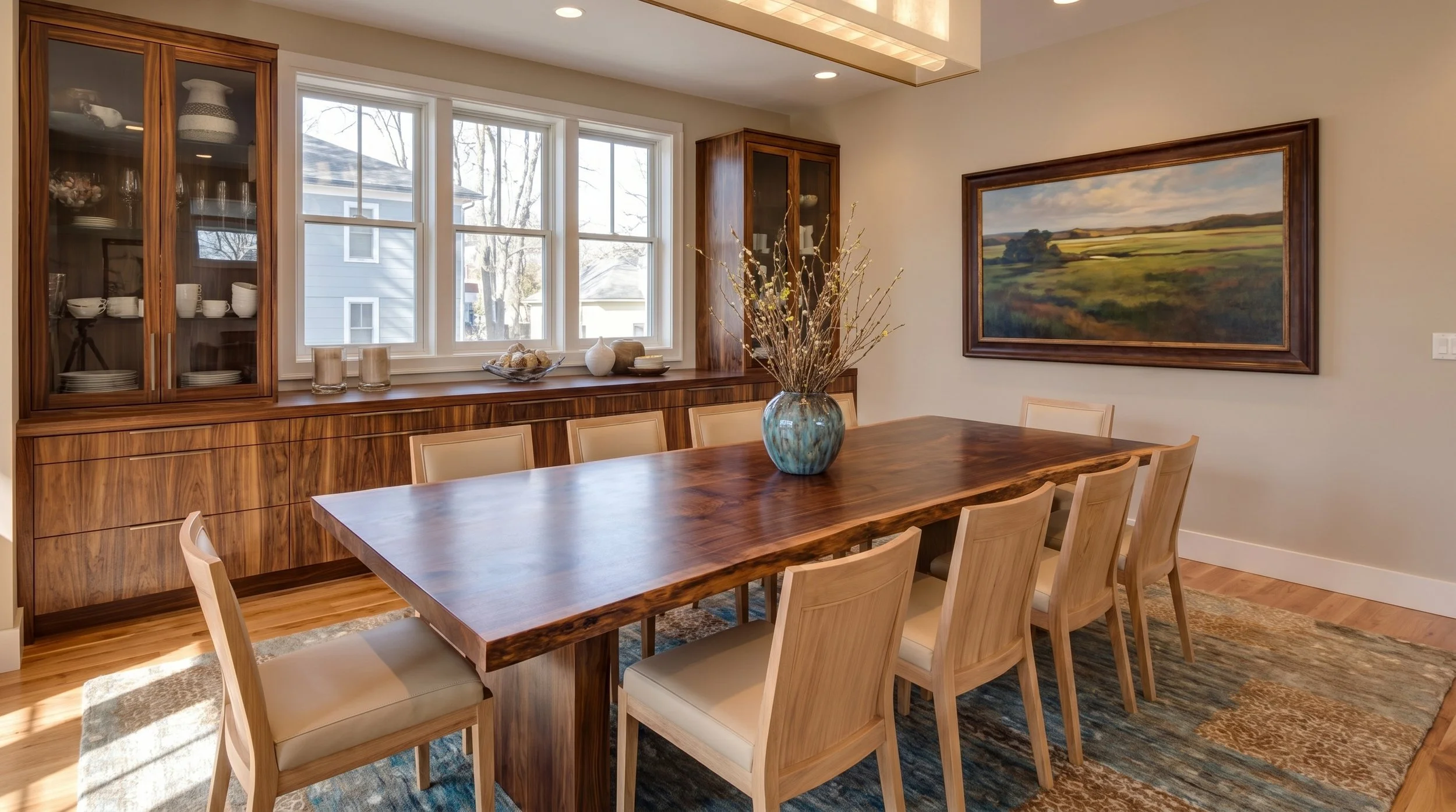 A long dining room with a live-edge walnut dining table, walnut sideboard and hutch, light hardwood flooring, and pale wood chairs at the head of the table. At least four different wood species working together cohesively in one room.