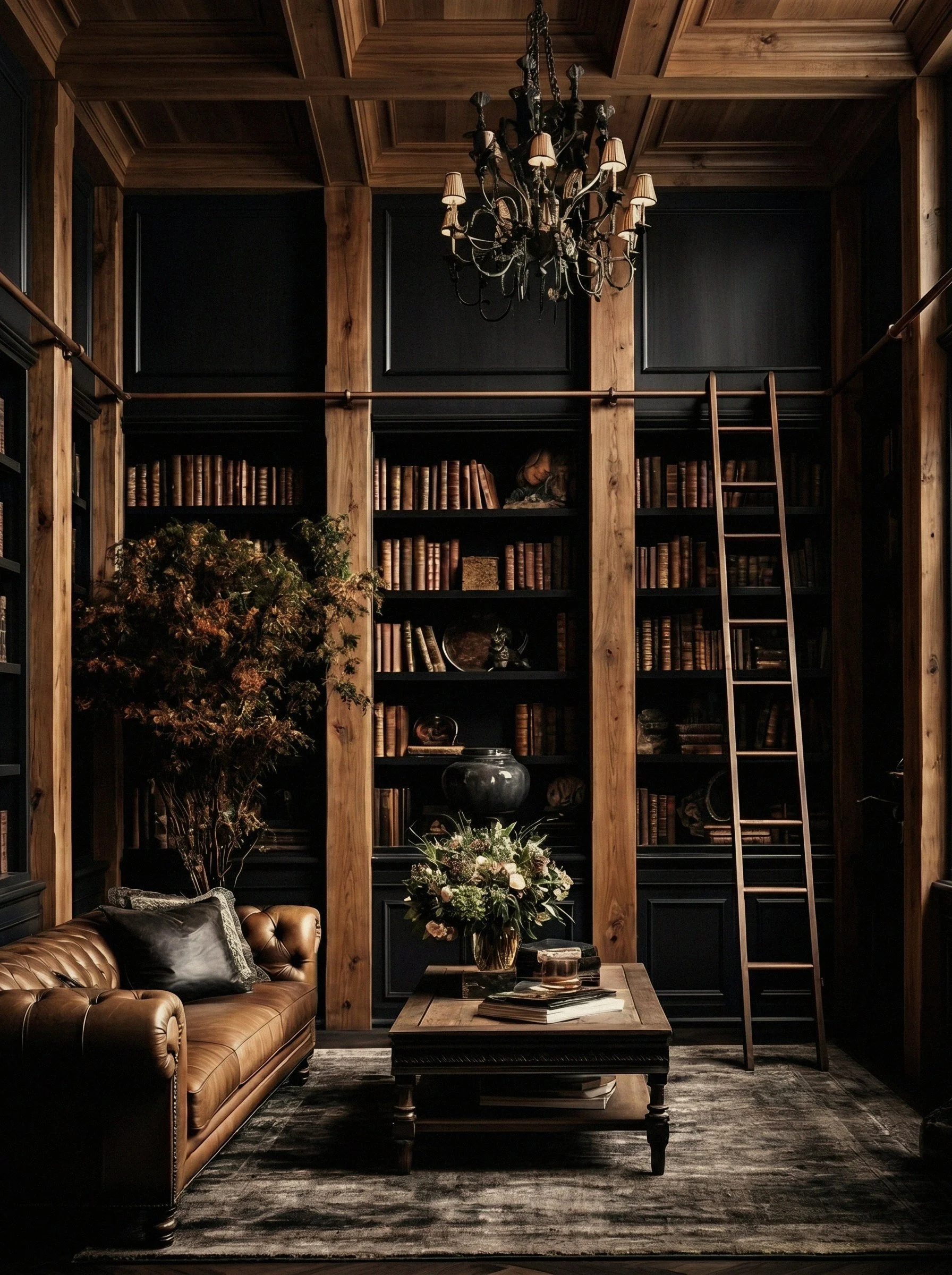 A small dark-wood-paneled library with a library ladder and brown leather sofa, a dark academia interior demonstrating that dark wood works in small intimate rooms.