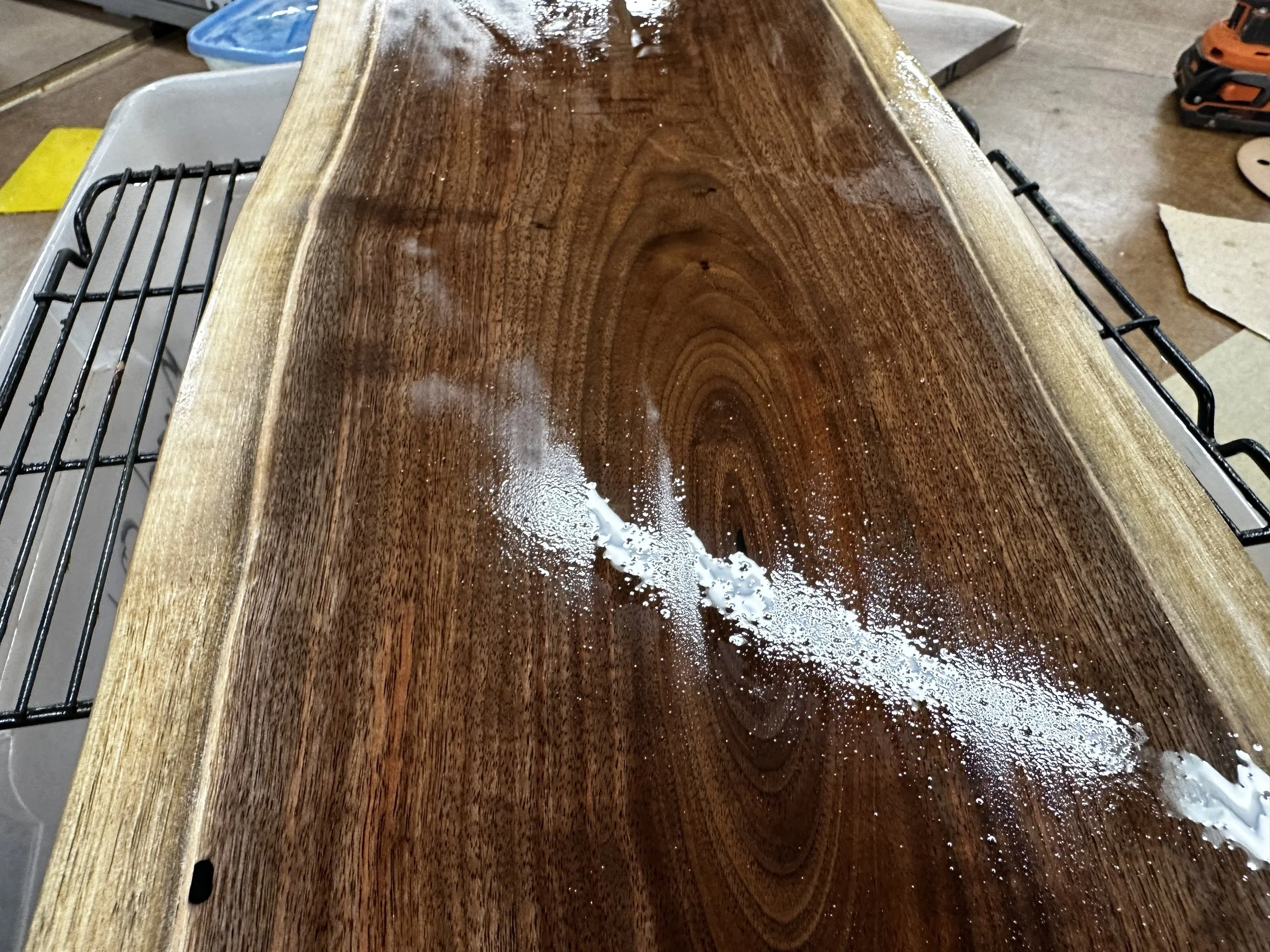 Live edge walnut with coconut oil finish showing the deep, rich, malty color of the grain.