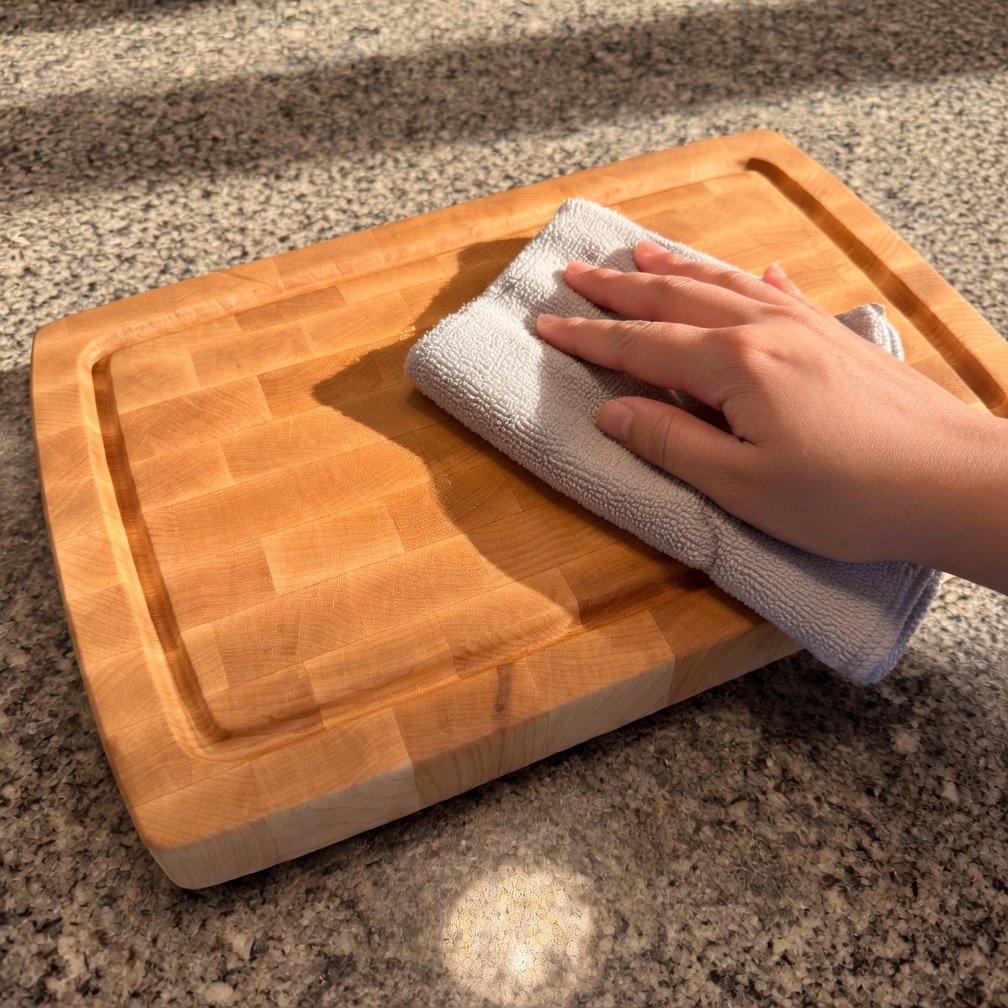 Wiping a walnut cutting board with a damp microfiber cloth after use