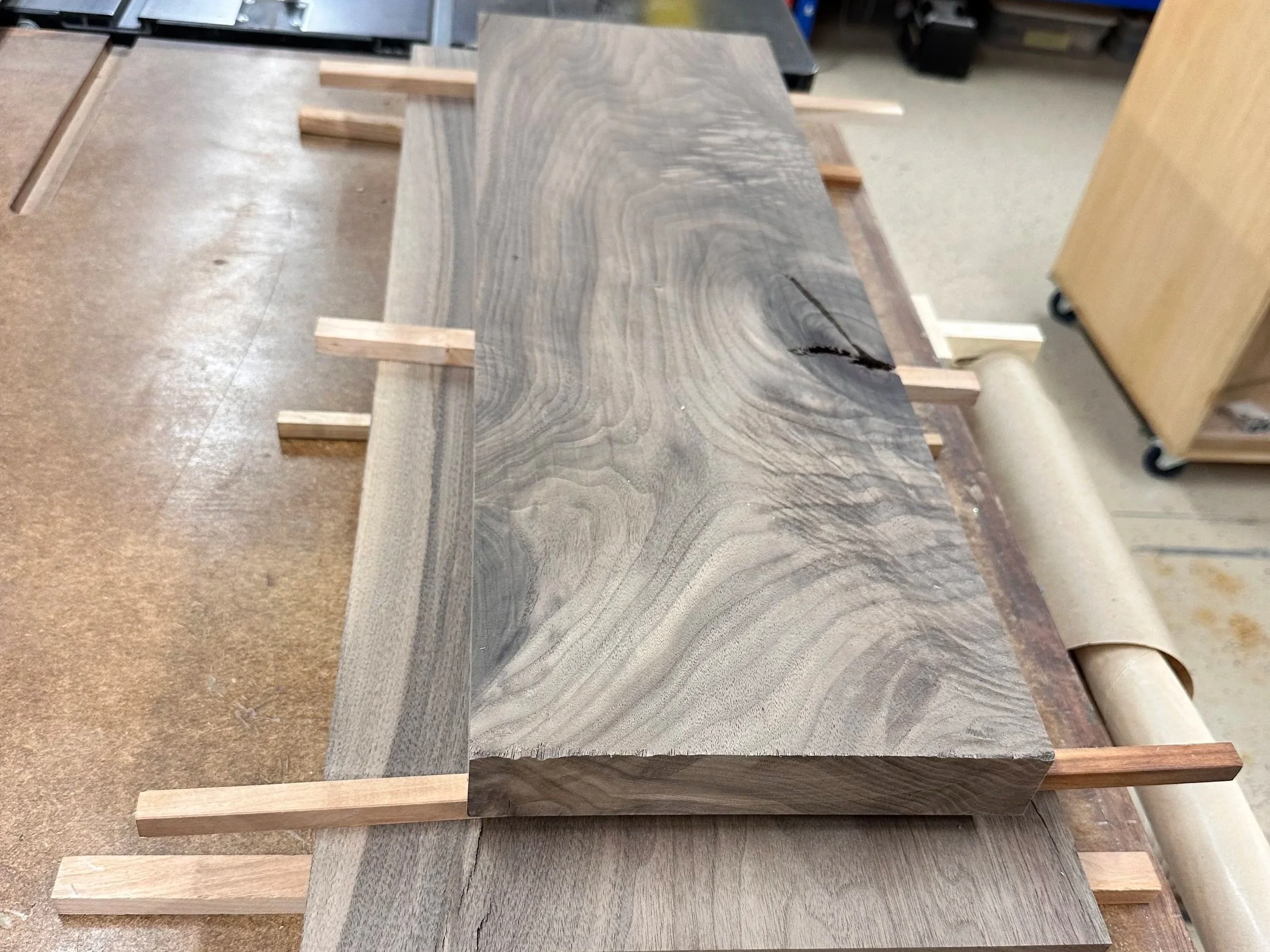 Walnut stock, freshly milled and being prepped for glue